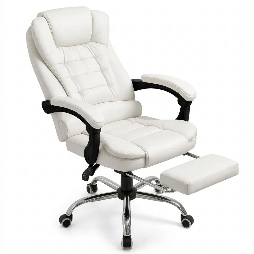 Ergonomischer Bürostuhl mit verstellbarer Fußstütze und Rollen, höhenverstellbar, Weiß