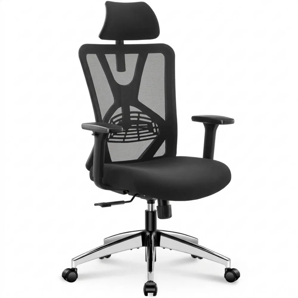 Ergonomischer Bürostuhl mit Lendenwirbelstütze und Kopfstütze, Schreibtischstuhl 130° Schaukelfunktion