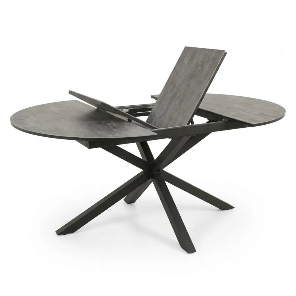 Runder Ausziehtisch für den Garten, 140-200cm, Aluminium anthrazit, Keramikoptik hellgrau