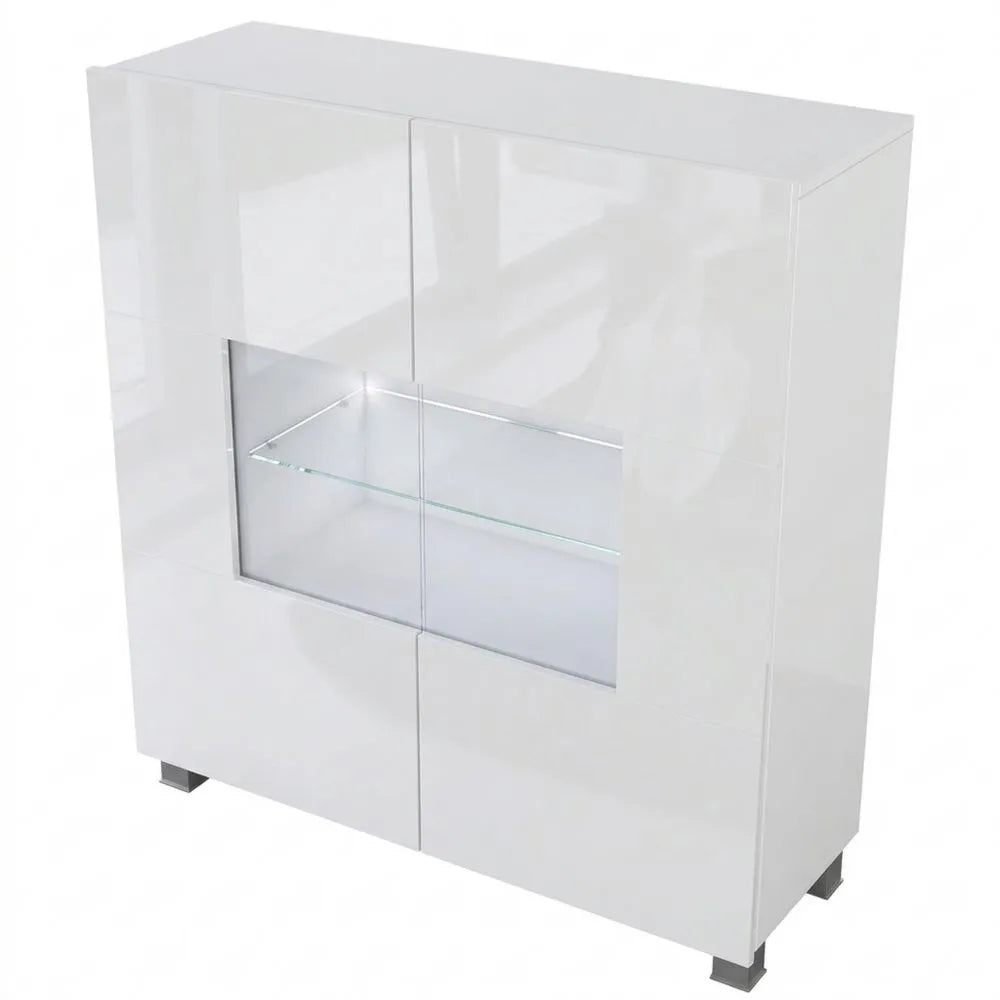 Moderne Kommode mit Türen und LED-Beleuchtung, 100x107x35 cm, Hochglanz Weiß
